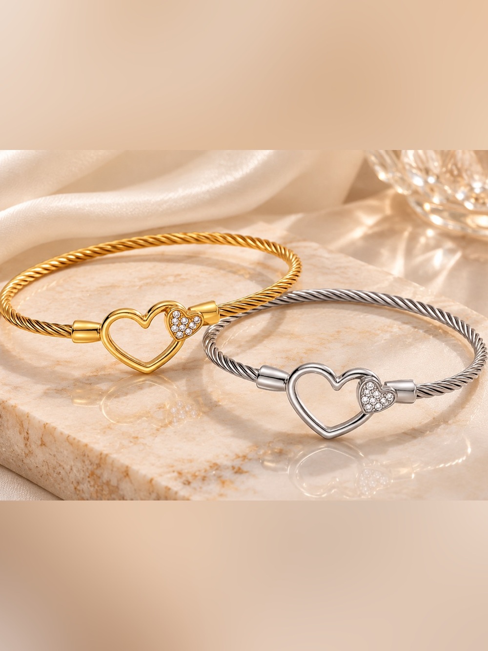 Gold & Silver Heart Bangle Set Twisted Cable Bracelet Set